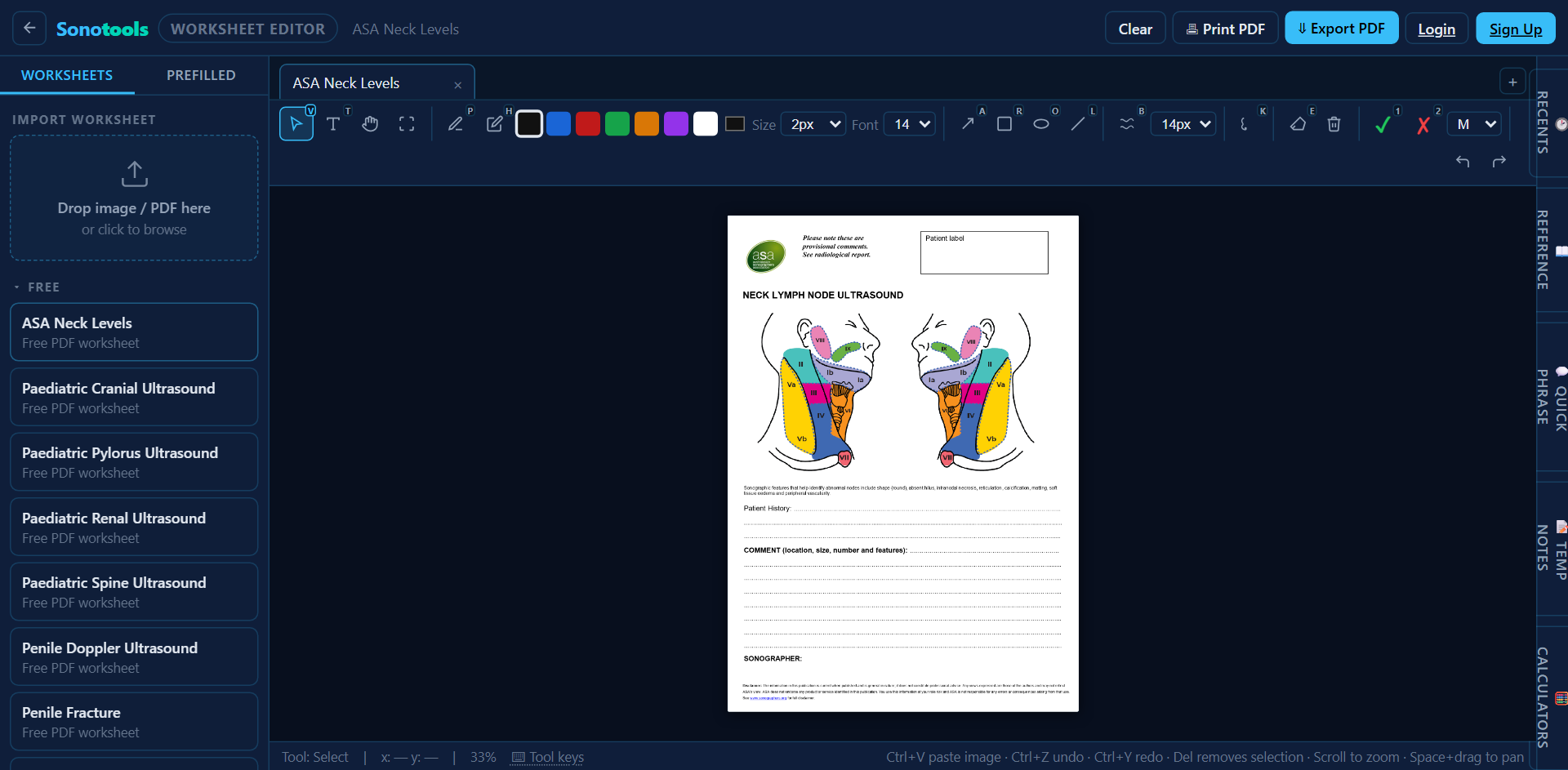 The worksheet editor with an ASA neck levels worksheet open: an annotation toolbar of colour swatches and shape, text and stamp tools runs across the top, with the worksheet library in the left sidebar.