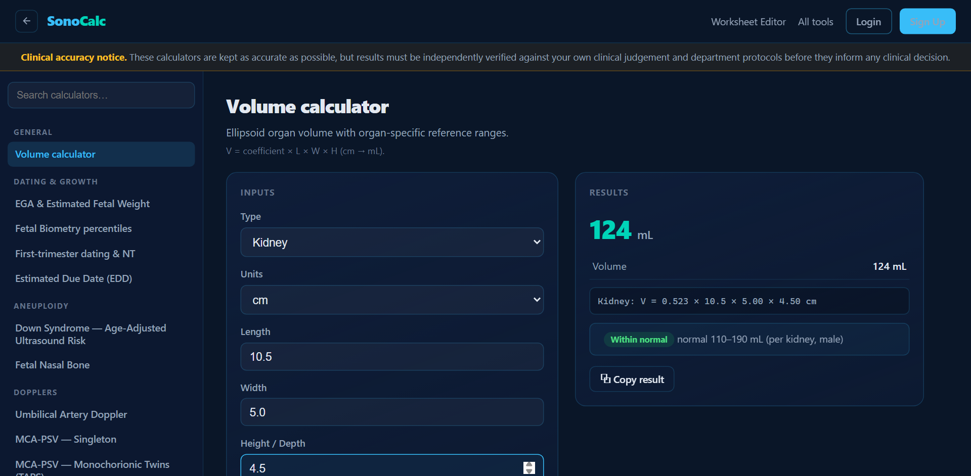 SonoCalc's volume calculator with kidney dimensions entered, returning a 124 millilitre volume flagged as within the normal 110 to 190 millilitre reference range.